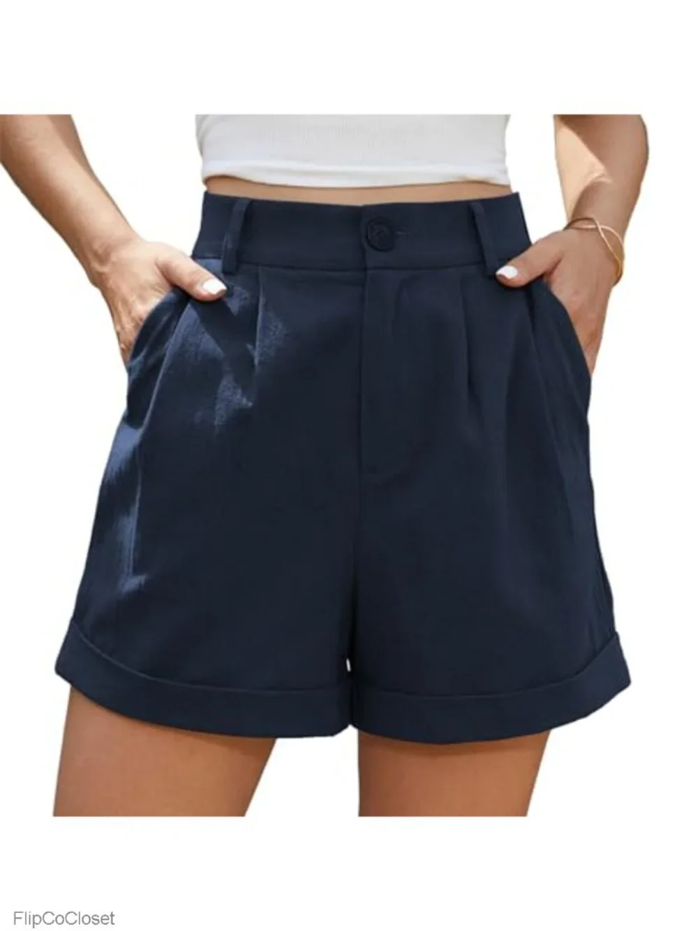 High Waist Shorts Roll Up Pleated Zippered Wrap Hem Wide Leg Shorts with Pockets